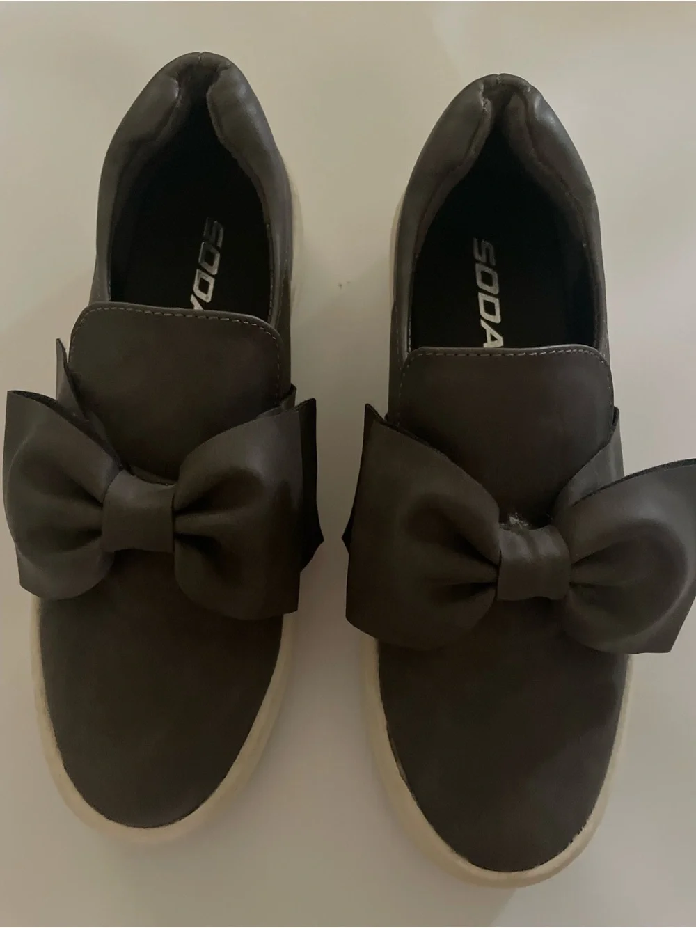 SODA Women’s Charcoal Gray Faux Leather Oversized Bow Slip-On Shoes